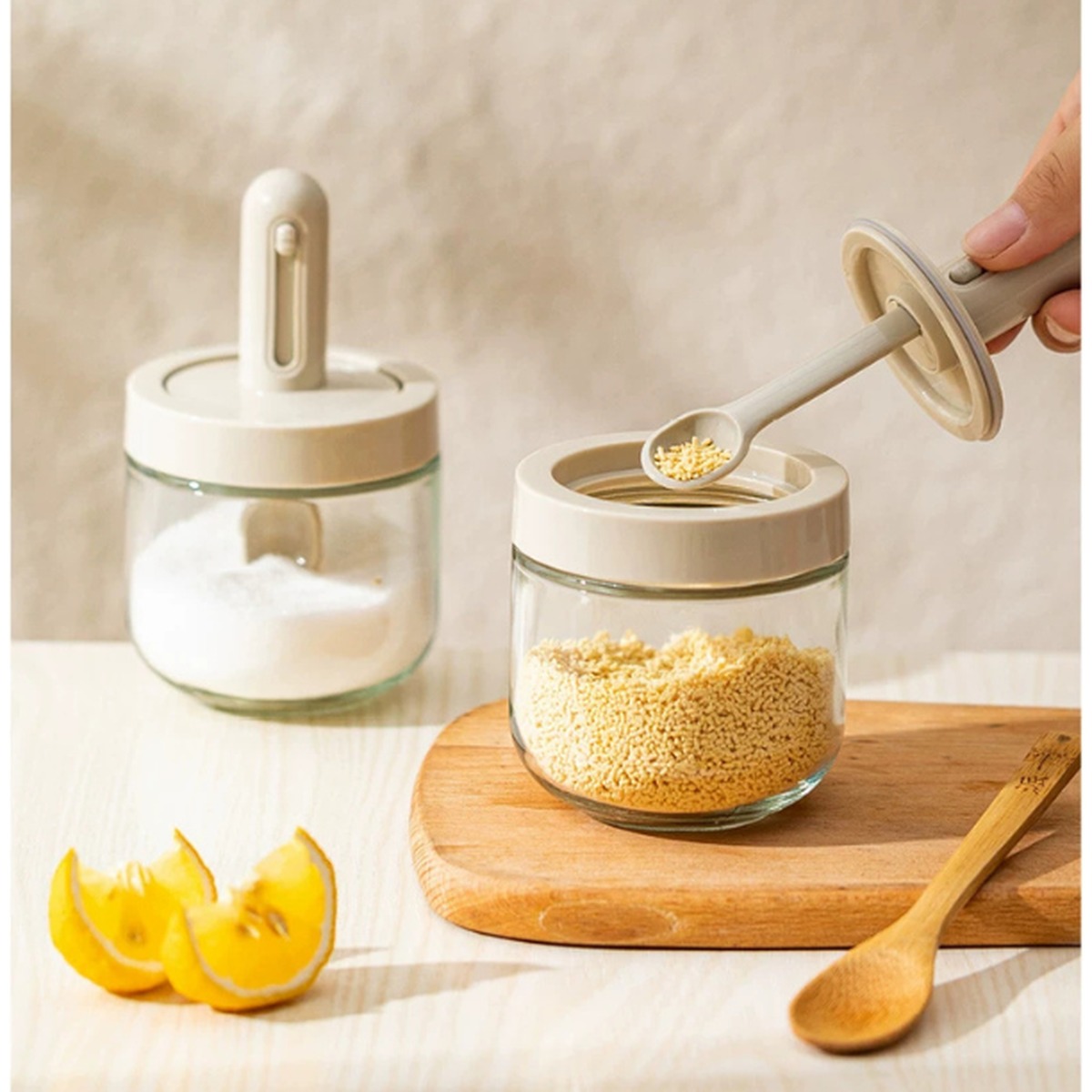 Home Date spice jar with built-in spoon
